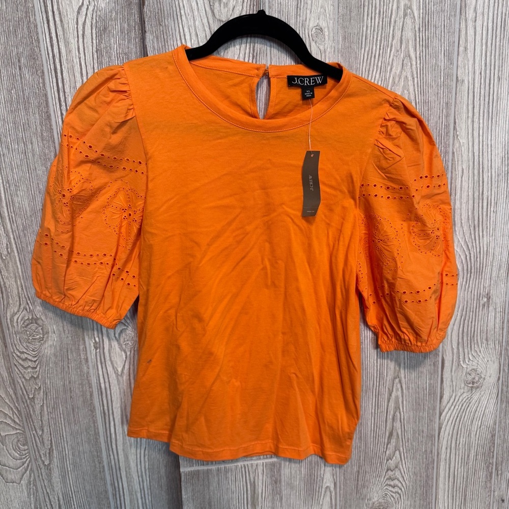 J. Crew Vibrant Orange Eyelet Puff Sleeve Blouse